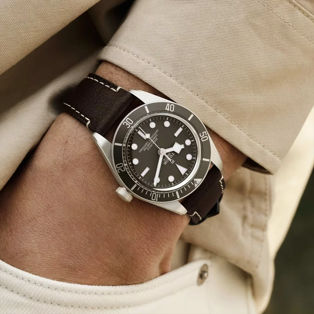 Black Bay 58 Series Silver Tone Heritage Diver - Taupe Dial and Dark Brown Leather Strap - Image 5