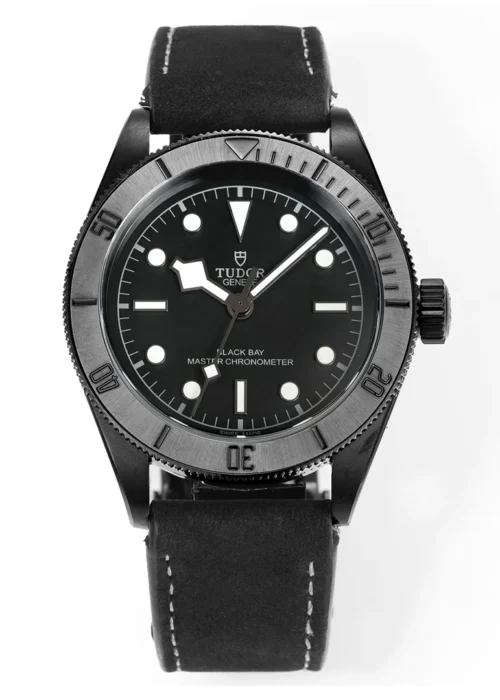 Black Bay Dark Knight Edition Ceramic Style All-Black Matte Stealth Diver Watch Leather-Rubber Hybrid Strap